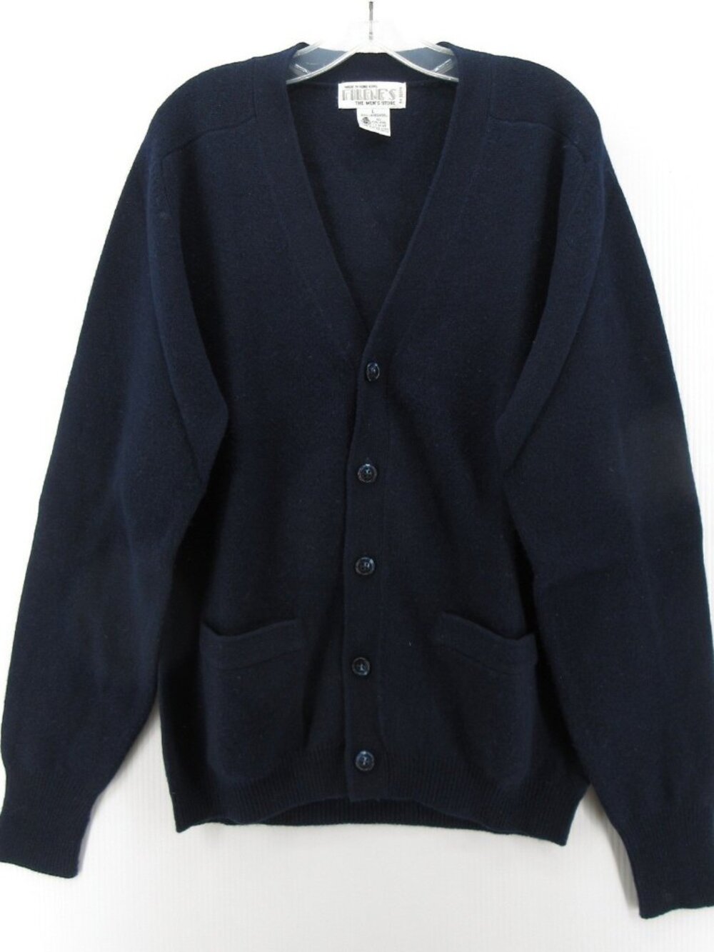 VINTAGE Filenes Sweater Large Navy Lambswool Cardigan Button Up 80s